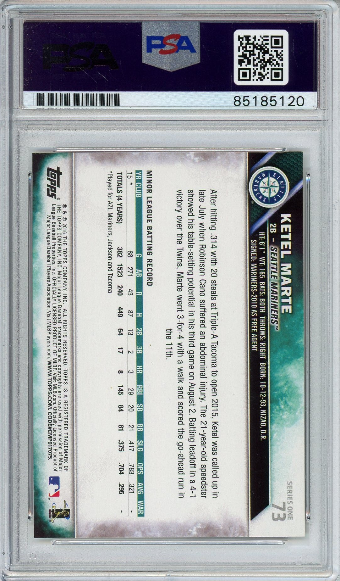 2016 TOPPS SERIES 1 KETEL MARTE AUTO CARD PSA DNA (5120)