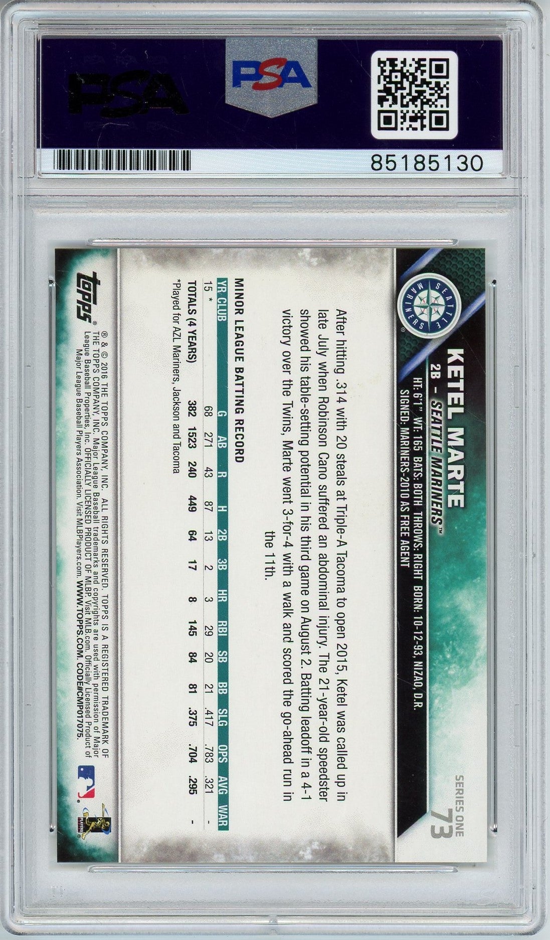 2016 TOPPS SERIES 1 KETEL MARTE AUTO CARD PSA DNA (5130)