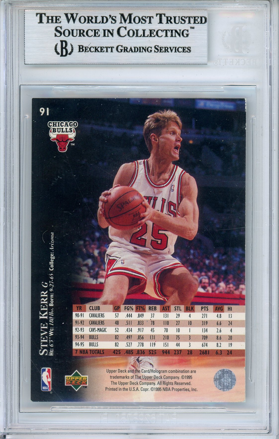 1995-96 UPPER DECK STEVE KERR #91 BULLS HALL OF FAME AUTO BGS AUTHENTIC