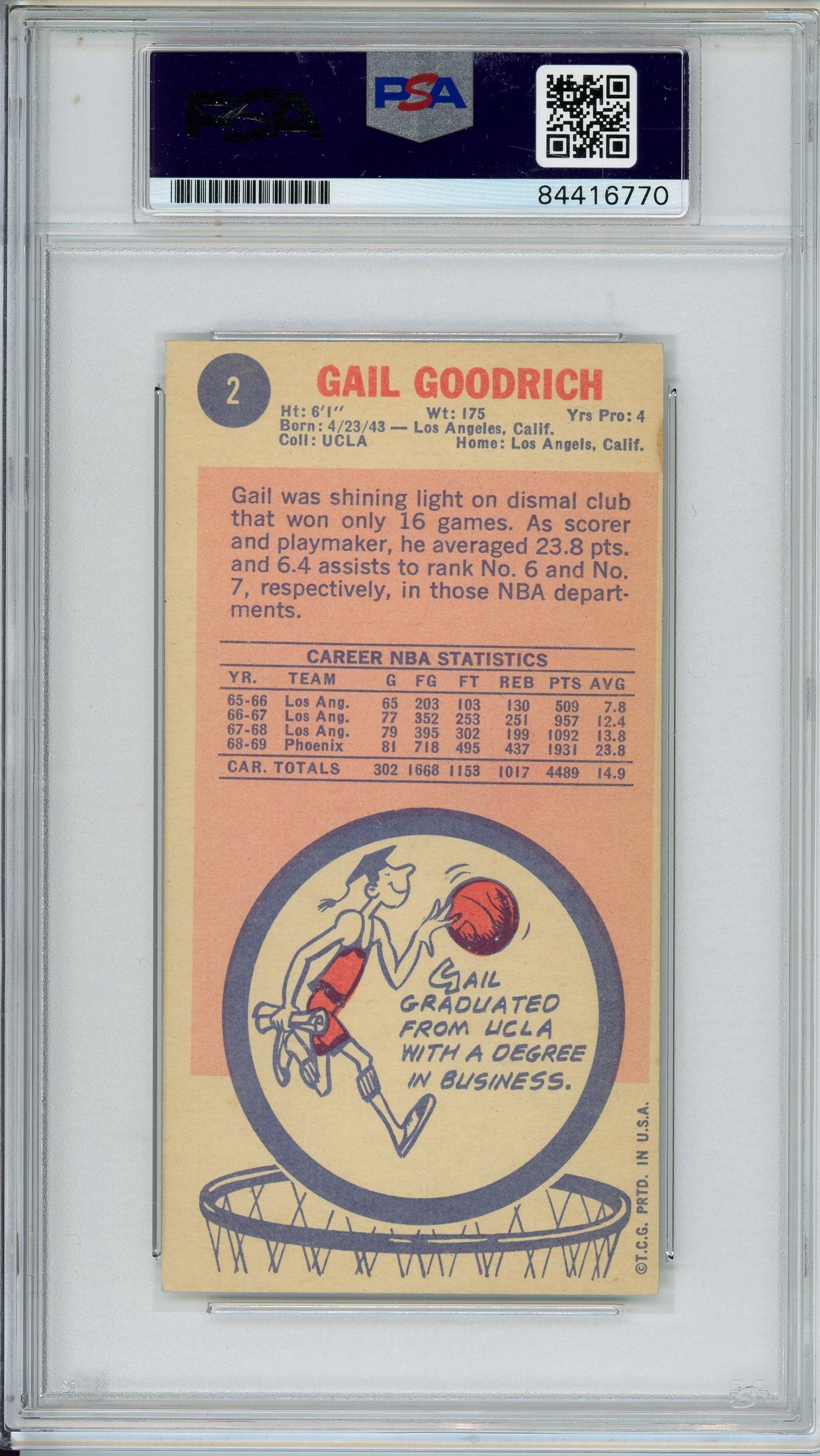 1969 TOPPS GAIL GOODRICH AUTO ROOKIE CARD RC PSA DNA MINT 9 AUTO GRADE (6770)