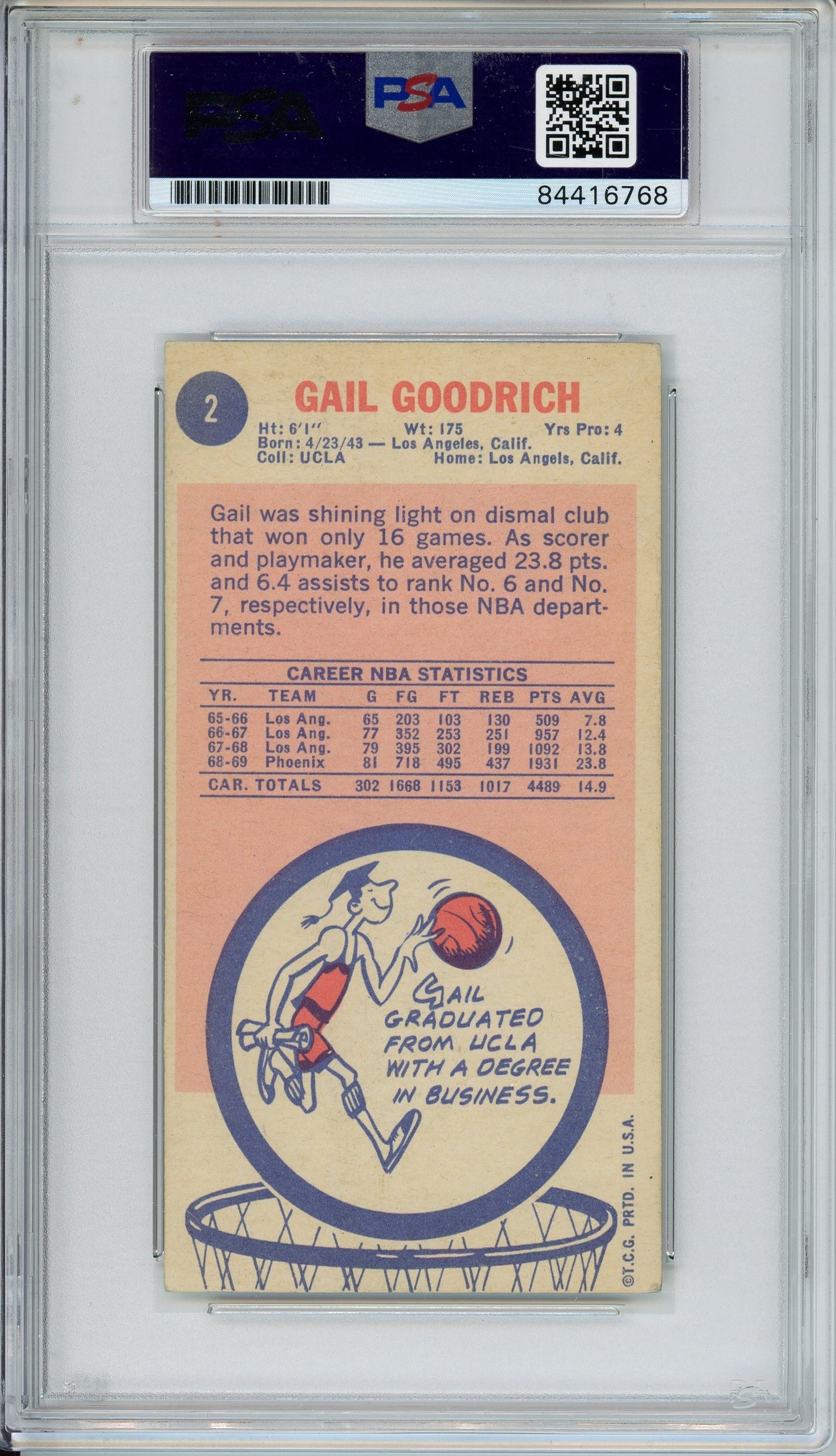1969 TOPPS GAIL GOODRICH AUTO ROOKIE CARD RC PSA DNA GEM MINT 10 AUTO GRADE (6768)