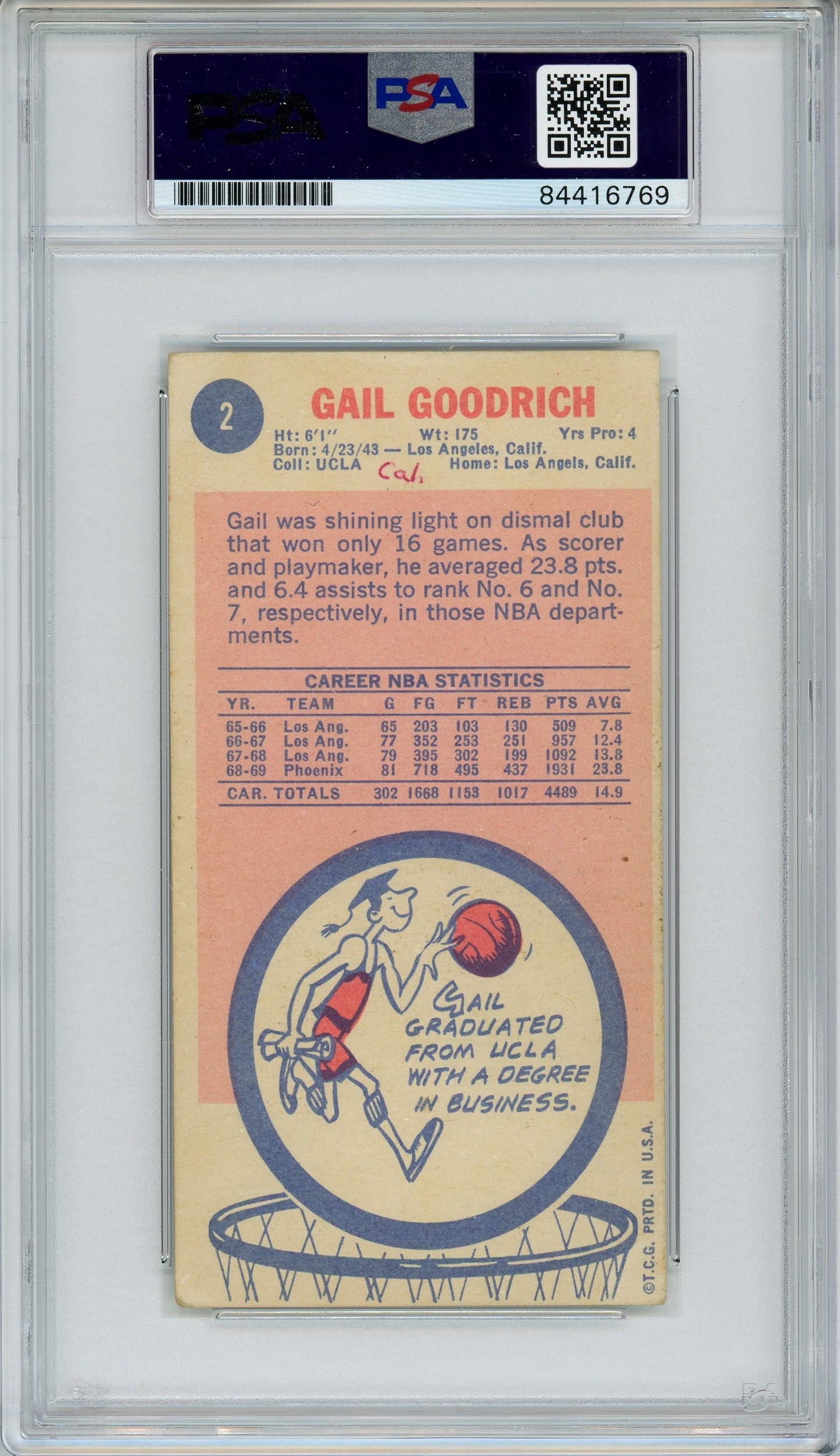 1969 TOPPS GAIL GOODRICH AUTO ROOKIE CARD RC PSA DNA MINT 9 AUTO GRADE (6769)