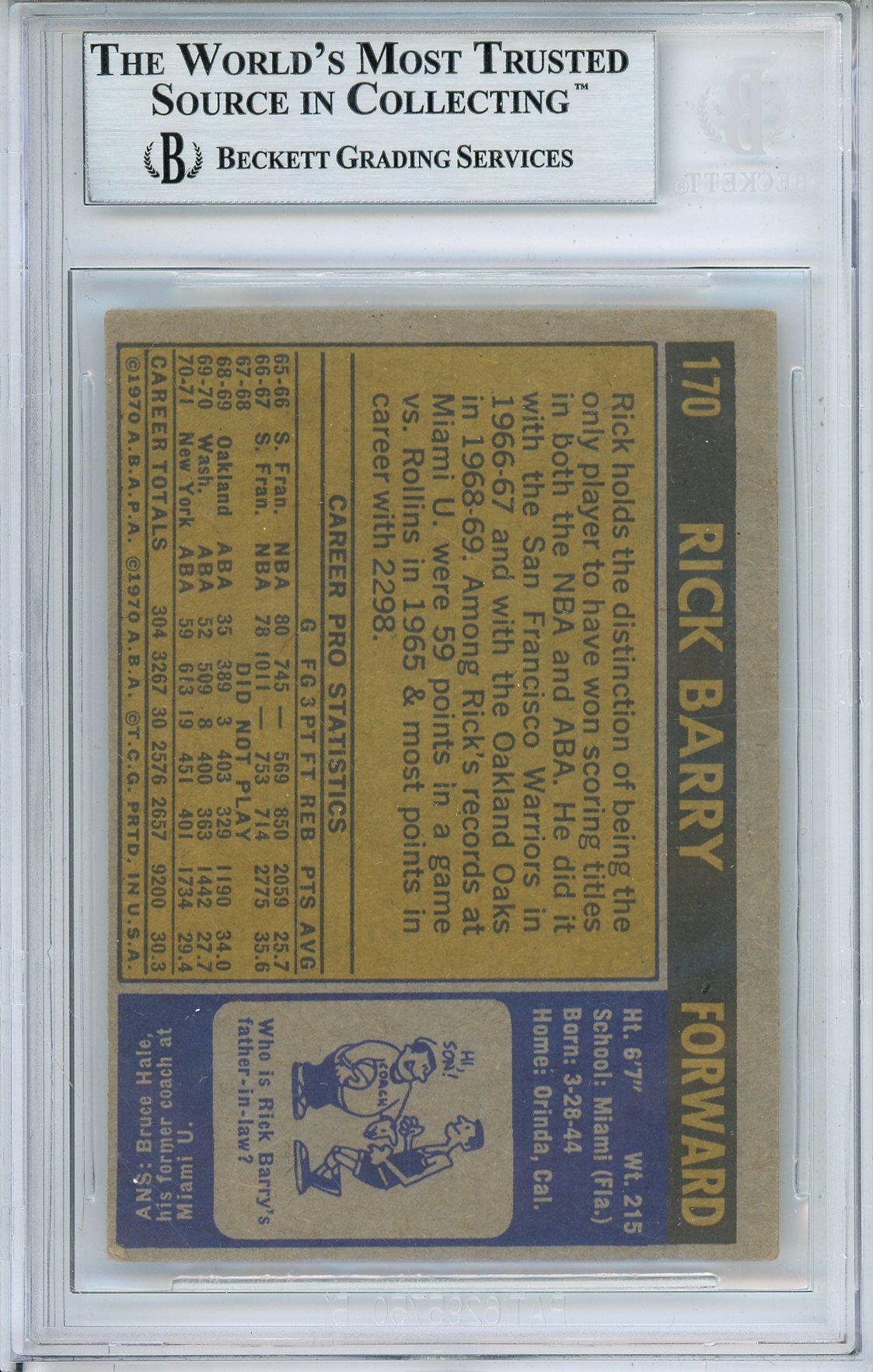 1971-72 TOPPS RICK BARRY #170 ROOKIE CARD HALL OF FAME AUTO 1 OF 1 INSCRIPTION BGS AUTHENTIC