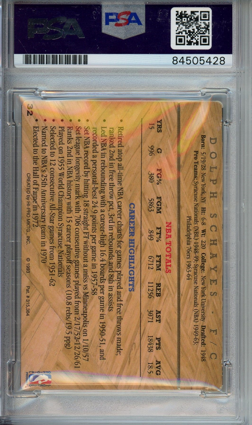 1993 ACTION PACKED DOLPH SCHAYES AUTO CARD PSA DNA (5428)