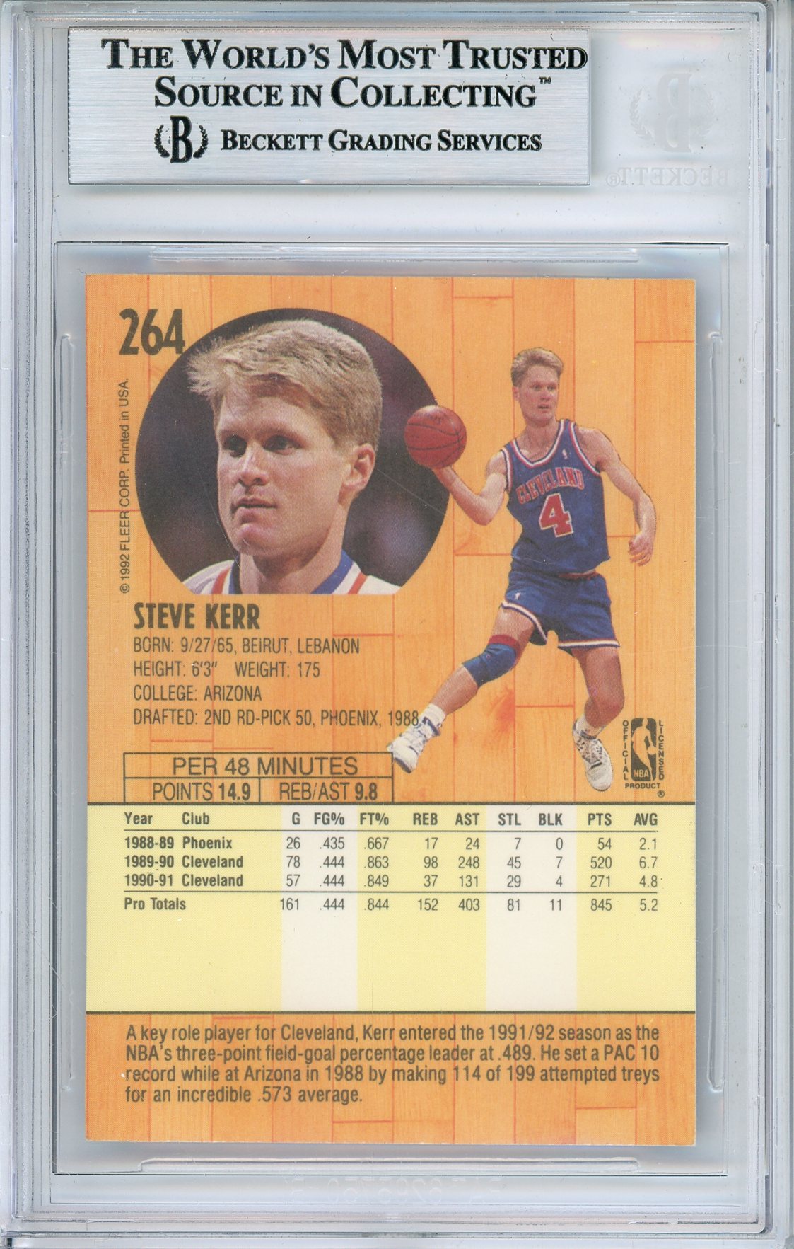 1991-92 FLEER STEVE KERR #264 HALL OF FAME AUTOGRAPH BGS AUTHENTIC