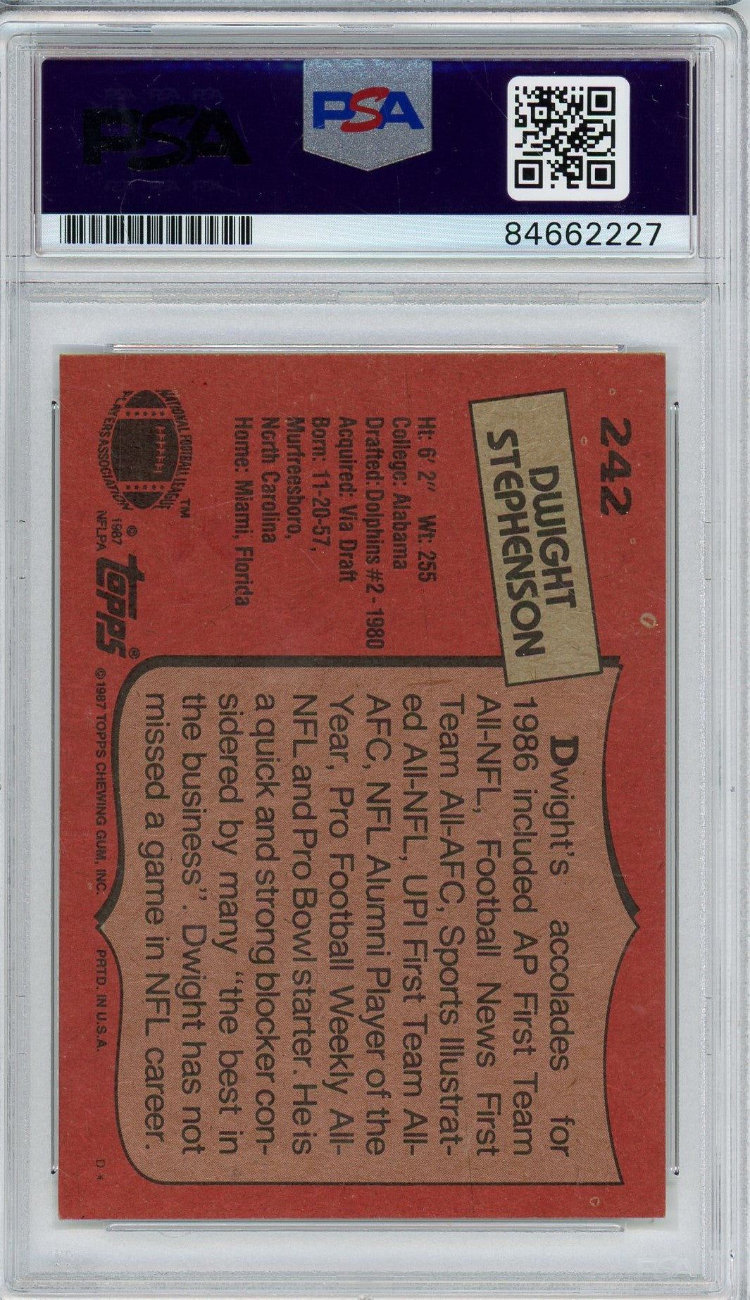 1987 TOPPS DWIGHT STEPHENSON AUTO CARD PSA DNA (2227)