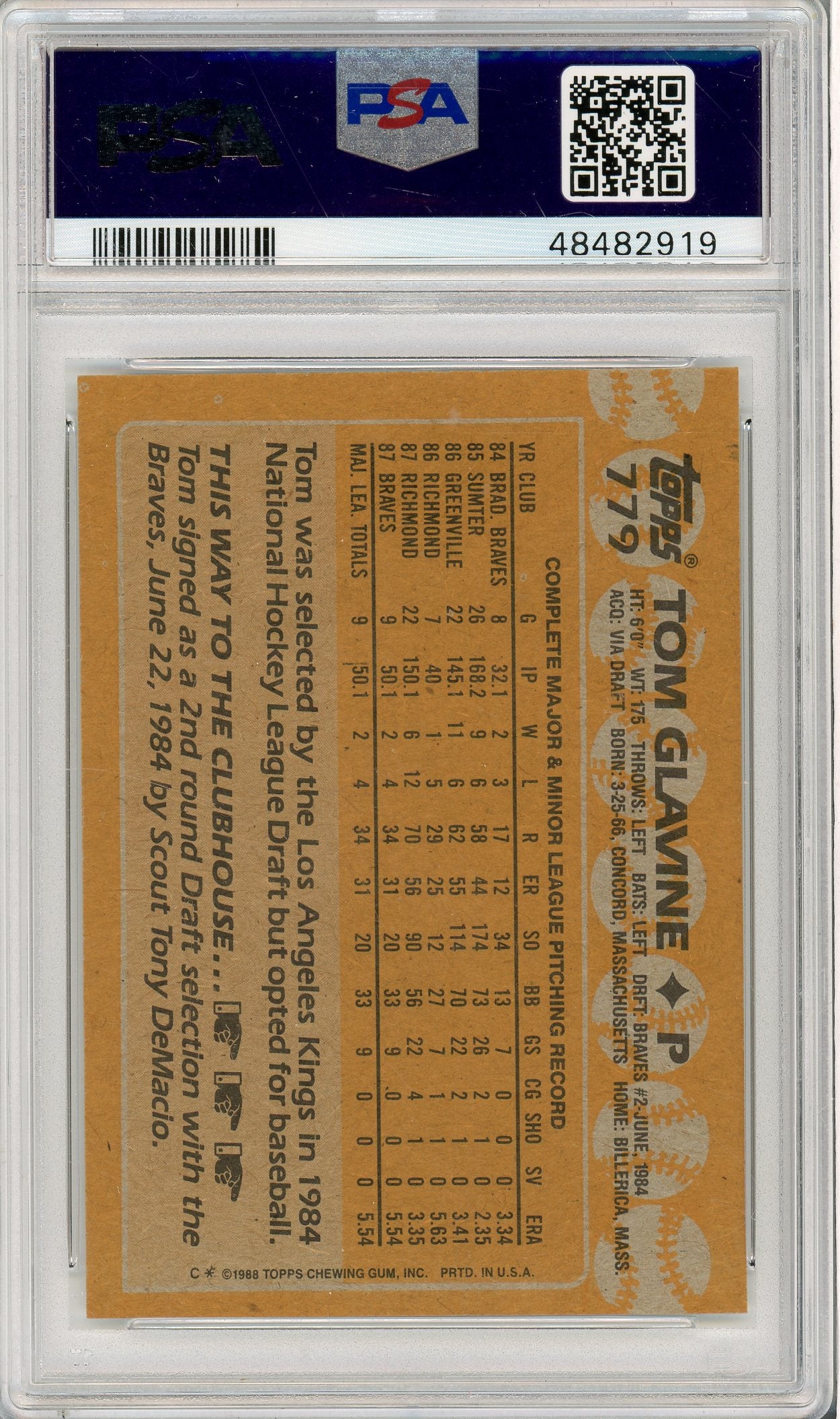 1988 TOPPS TOM GLAVINE #779 BRAVES PSA 9