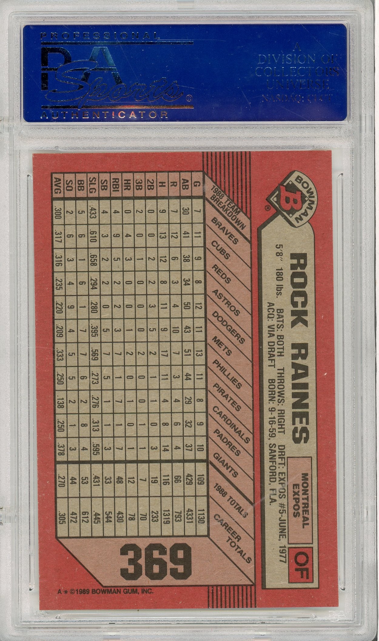 1989 BOWMAN TIM RAINES #369 EXPOS PSA 10