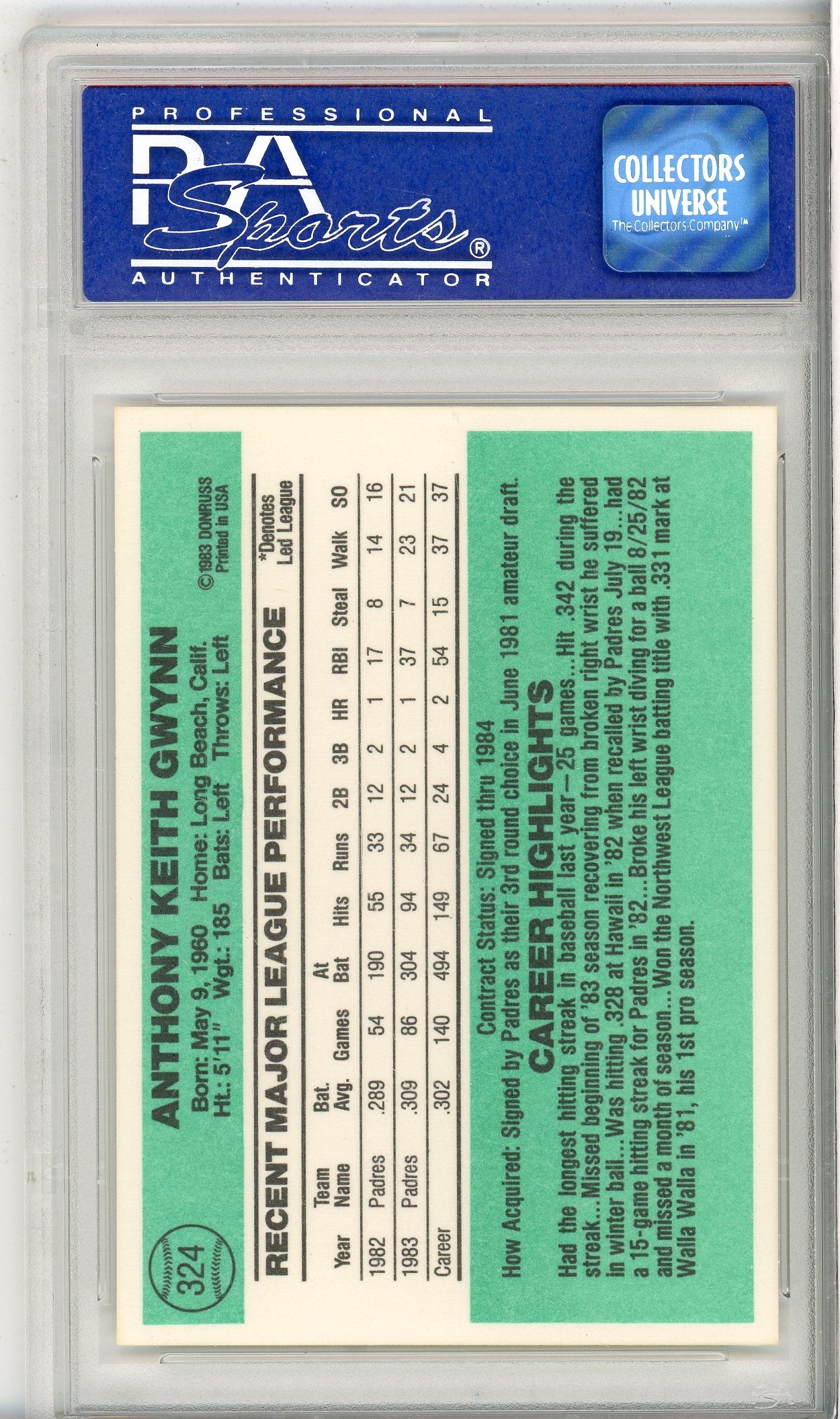 1984 DONRUSS BASEBALL TONY GWYNN #324 PADRES HOF PSA 9