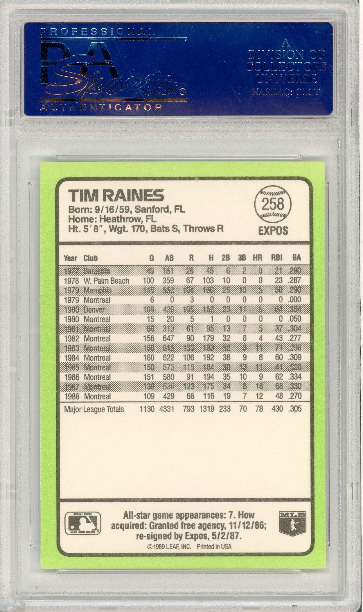 1989 DONRUSS BASEBALL TIME RAINES #258 BASEBALL'S BEST PSA 10 EXPOS