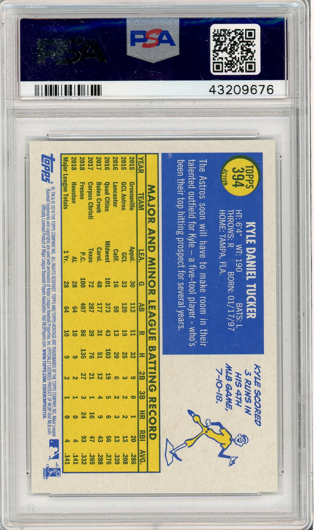 2019 TOPPS HERITAGE KYLE TUCKER #394 ACTION ROOKIE PSA 10