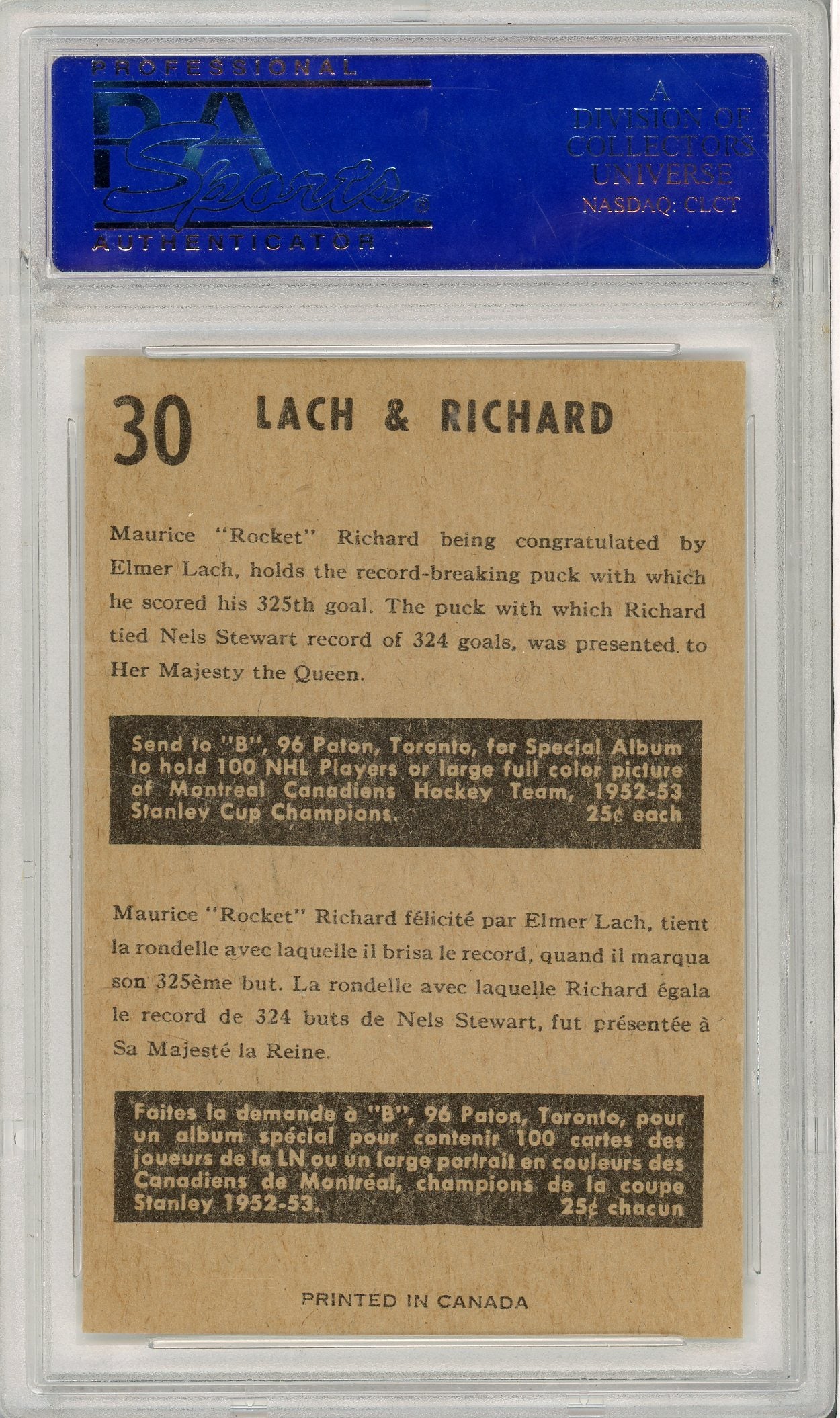 1953 PARKHURST ELMER LACH MAURICE RICHARD #30 PSA 8