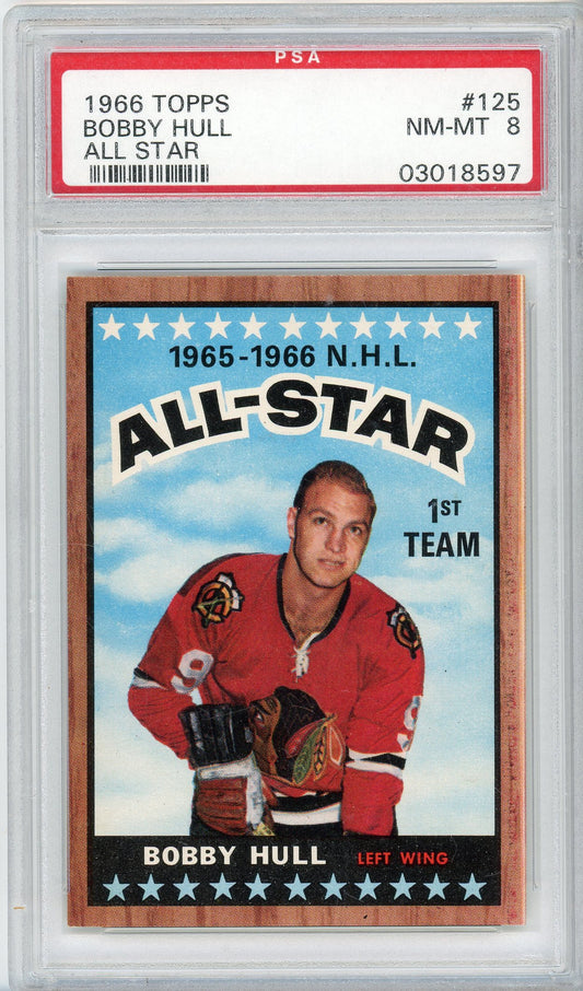 1966 TOPPS BOBBY HULL #125 ALL STAR BLACKHAWKS PSA 8