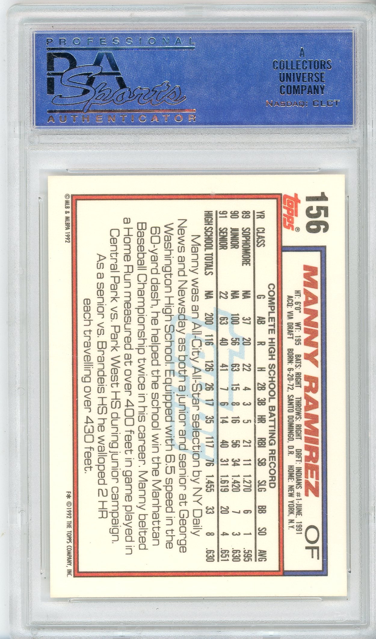 1992 TOPPS MANNY RAMIEREZ #156 DRAFT PICK ROOKIE PSA 9