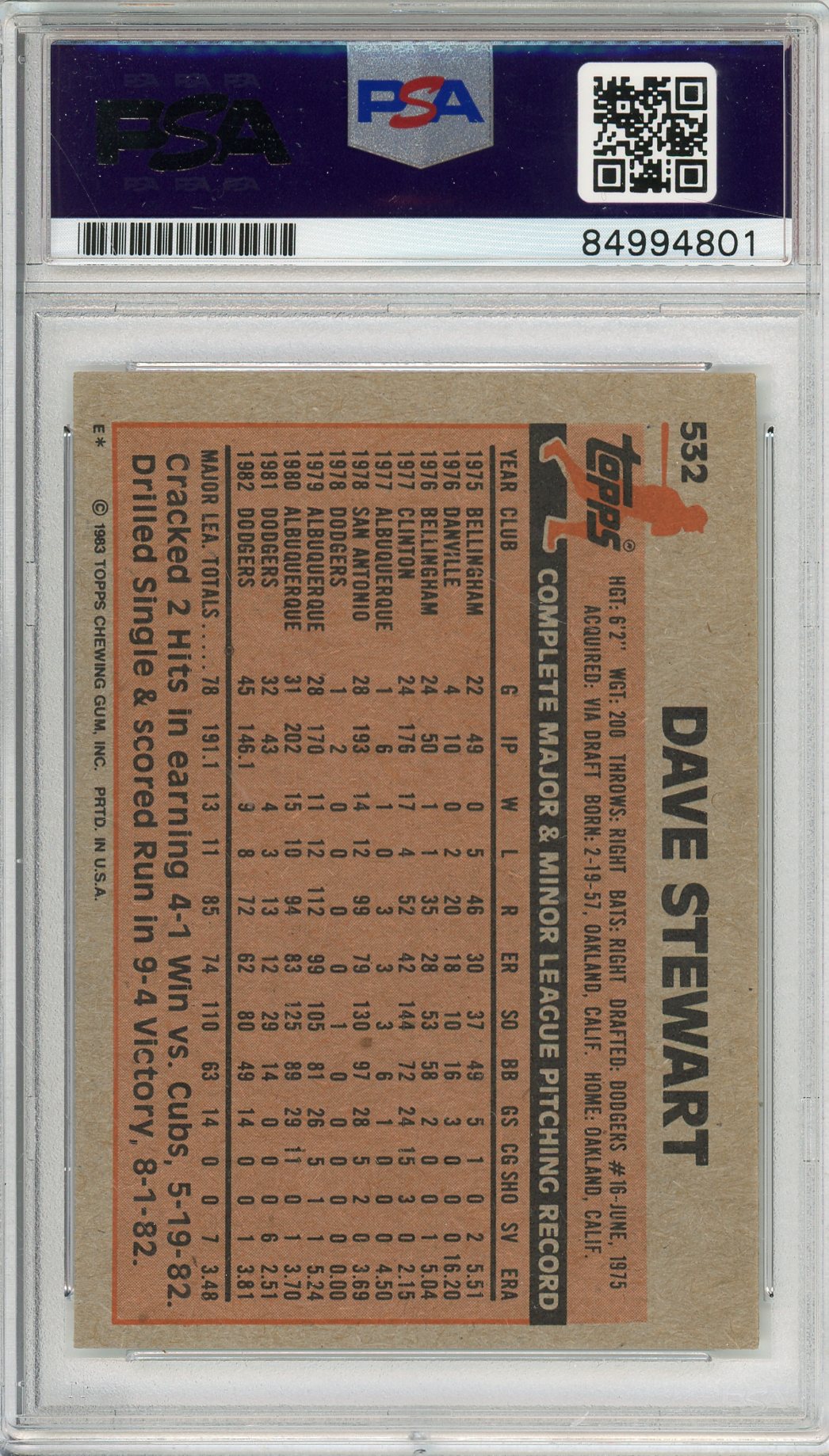 1983 TOPPS DAVE STEWART #532 A'S HOF 3-TIME WORLD SERIES CHAMP AUTOGRAPH PSA/DNA