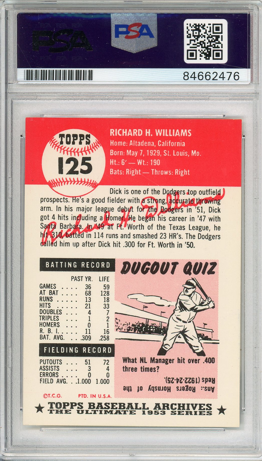 1995 TOPPS ARCHIVES DICK WILLIAMS #125 HOF DODGERS AUTOGRAPH PSA/DNA AUTO GRADE 10