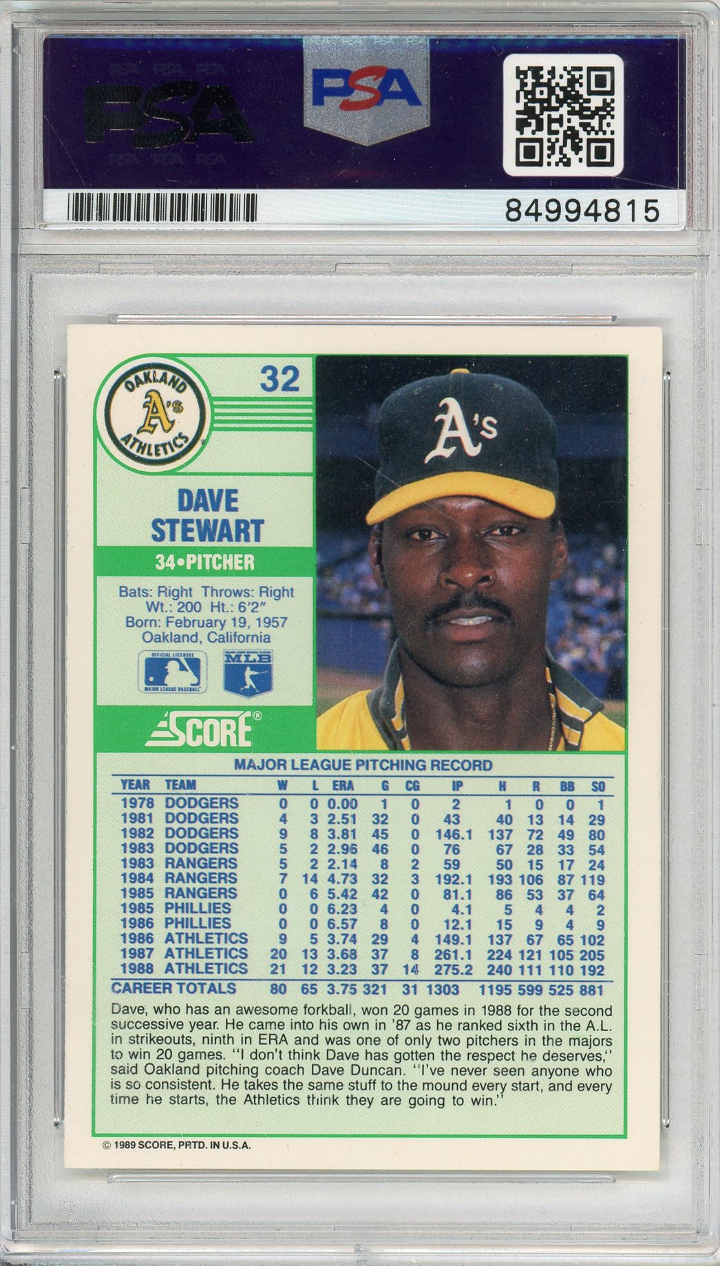 1989 TOPPS DAVE STEWART #32 A'S HOF WORLD SERIES CHAMP AUTOGRAPH PSA/DNA