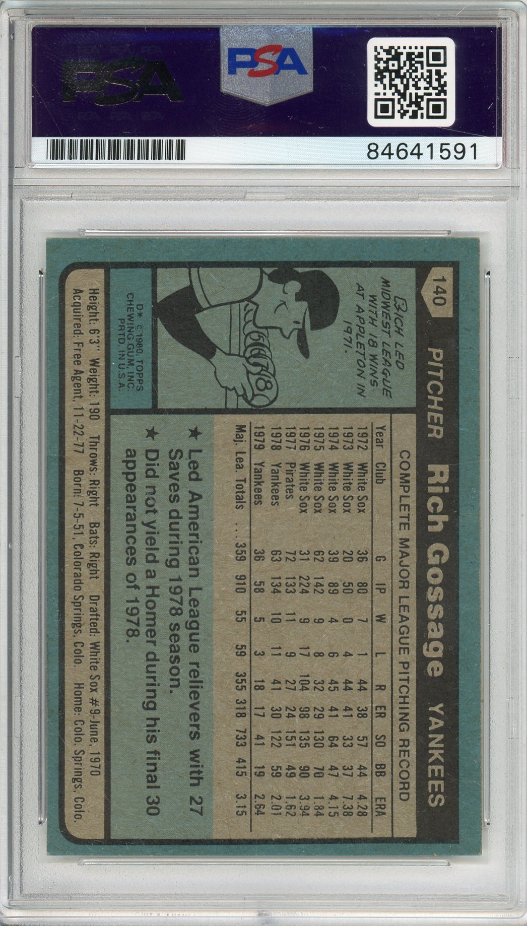 1980 TOPPS "GOOSE" GOSSAGE #140 HOF YANKEES WORLD SERIES CHAMP AUTOGRAPH PSA/DNA