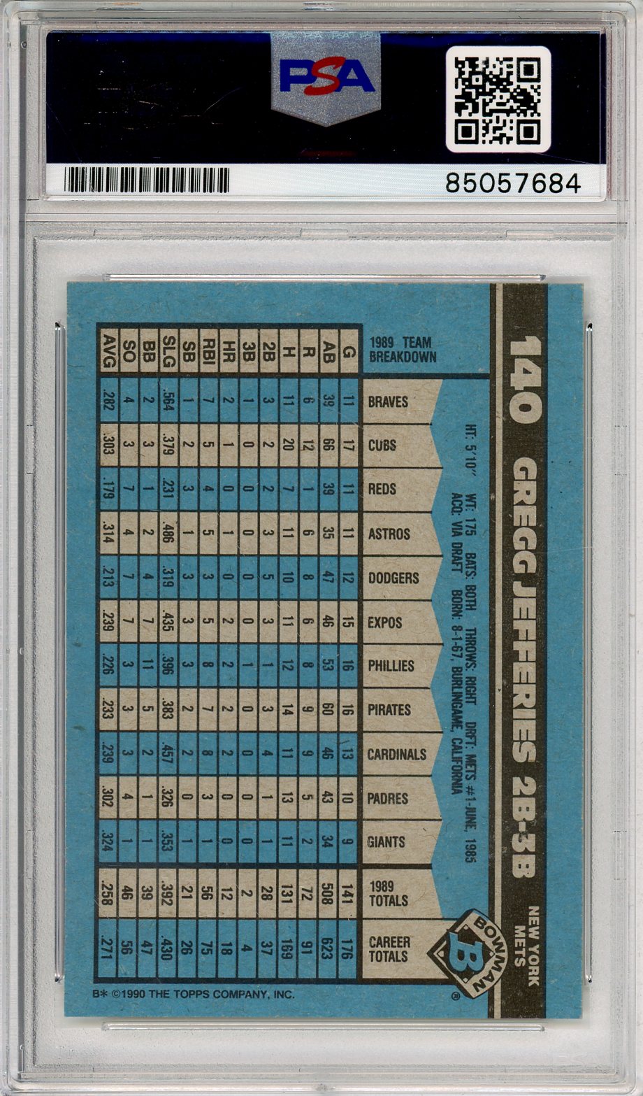 1990 TOPPS BASEBALL GREG JEFFERIES #140 METS HOF AUTO PSA/DNA