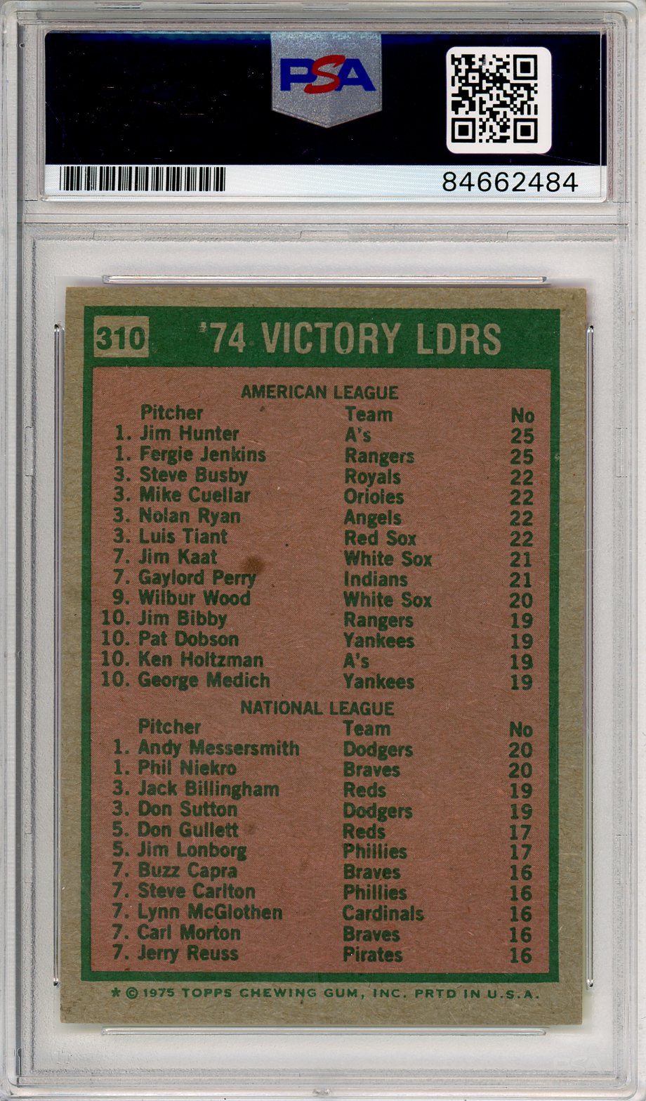 1975 TOPPS BASEBALL FERGIE JENKINS #310 HOF AUTO PSA AUTO GRADE GEM MT 10