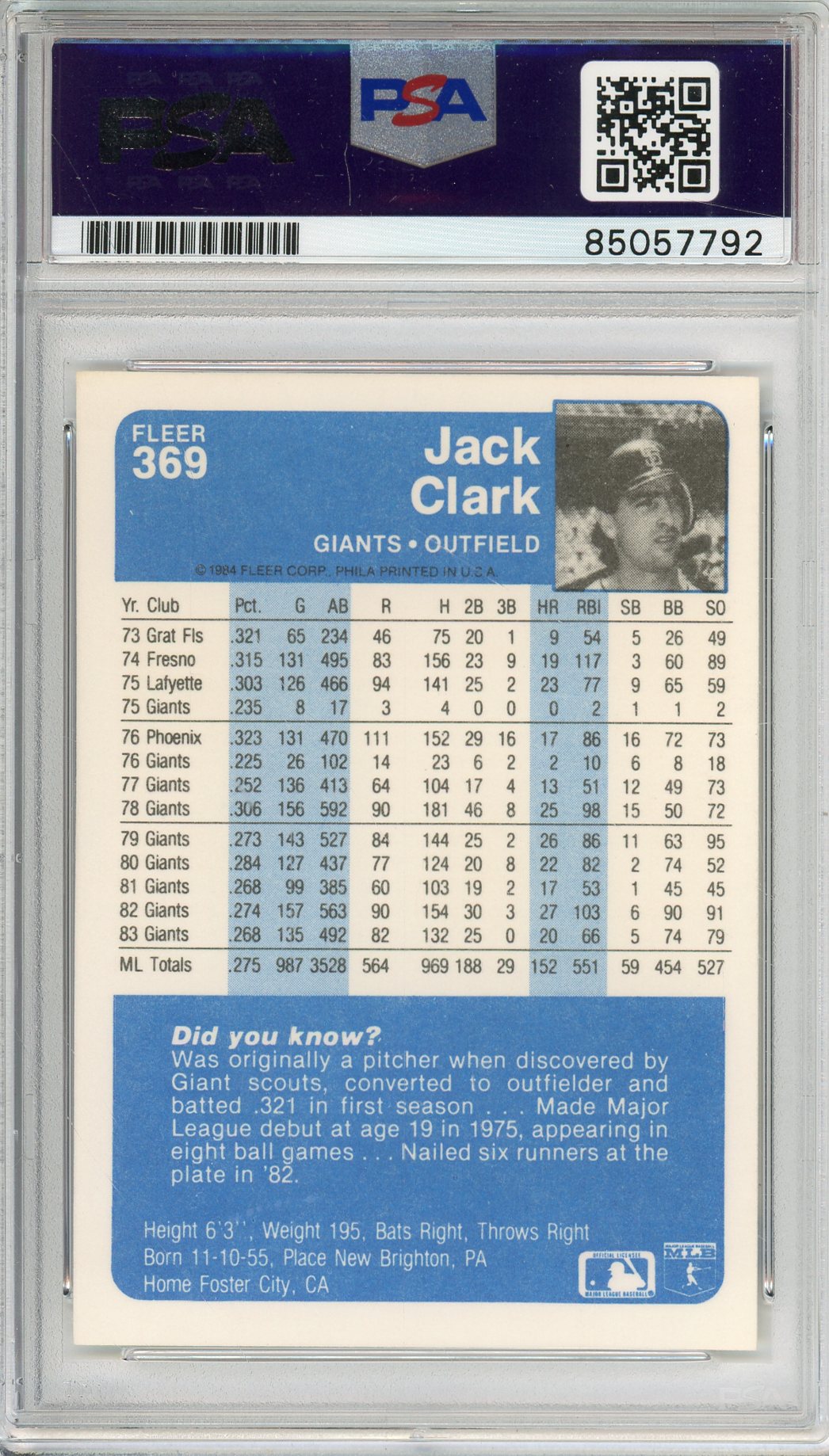 1984 FLEER JACK CLARK #369 GIANTS HOF 4-TIME ALL STAR AUTOGRAPH PSA/DNA