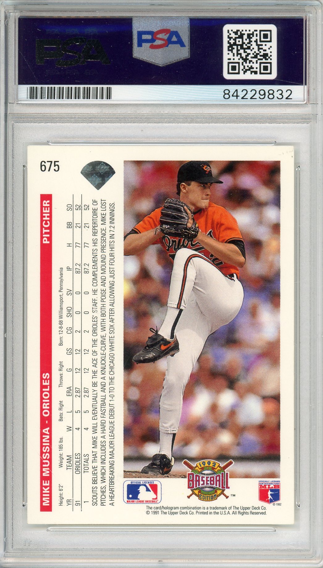 1992 UPPER DECK MIKE MUSSINA #675 HOF ORIOLES 7-TIME GOLD GLOVE AUTOGRAPH PSA/DNA