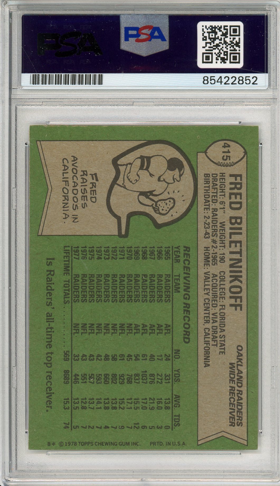 1978 TOPPS FRED BILETNIKOFF #415 HOF AUTOGRAPH PSA/DNA
