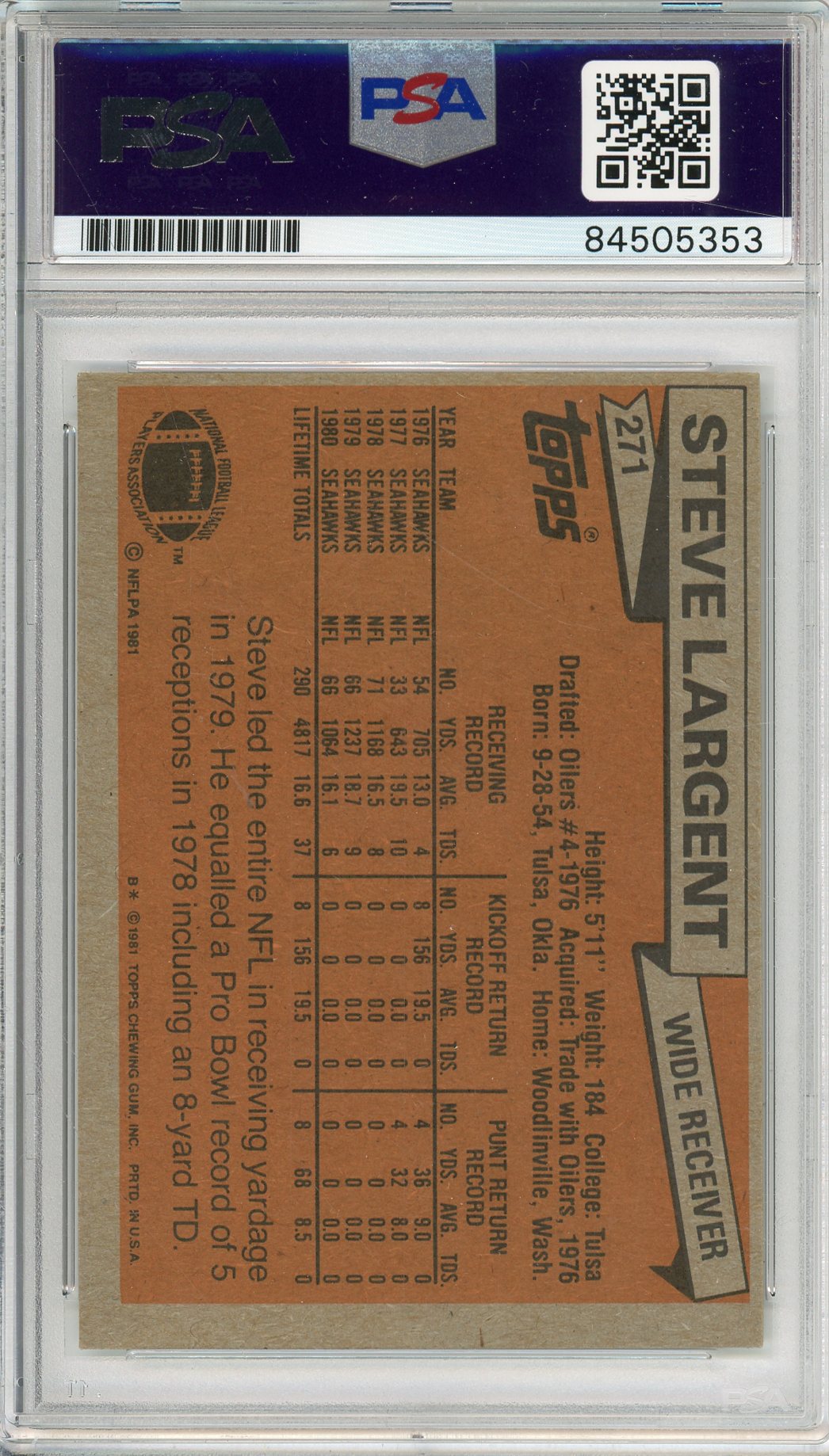 1981 TOPPS STEVE LARGENT #271 HOF SEAHAWKS AUTOGRAPH PSA/DNA