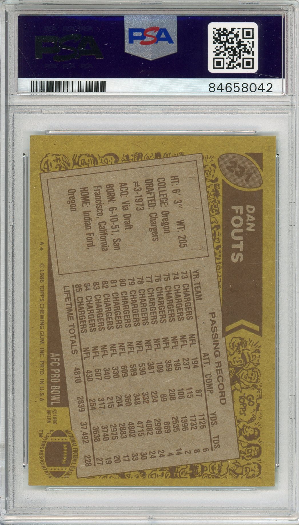 1986 TOPPS DAN FOUTS #231 HOF CHARGERS 6-TIME PRO BOWLER AUTOGRAPH PSA/DNA
