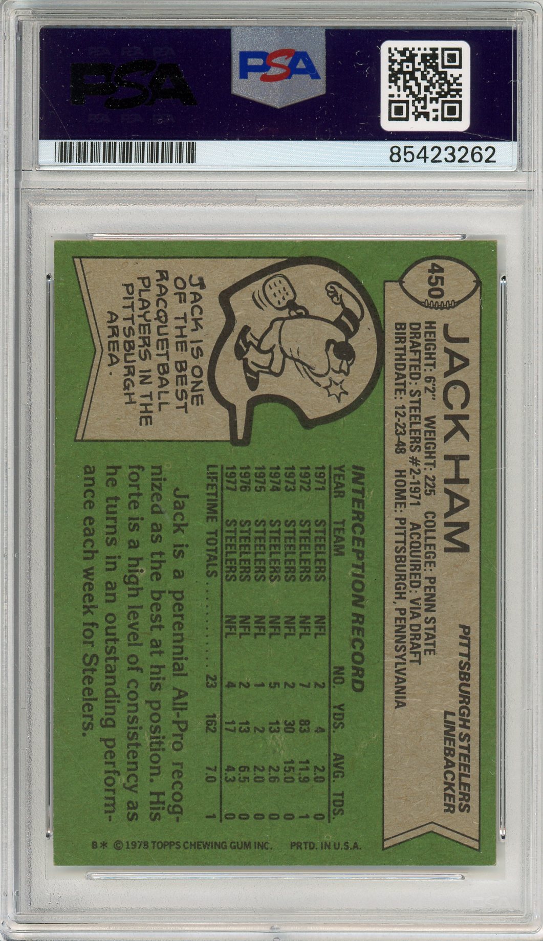 1978 TOPPS JACK HAM #450 STEELERS HOF AUTOGRAPH PSA/DNA 'HOF 1988 INSCRIPTION