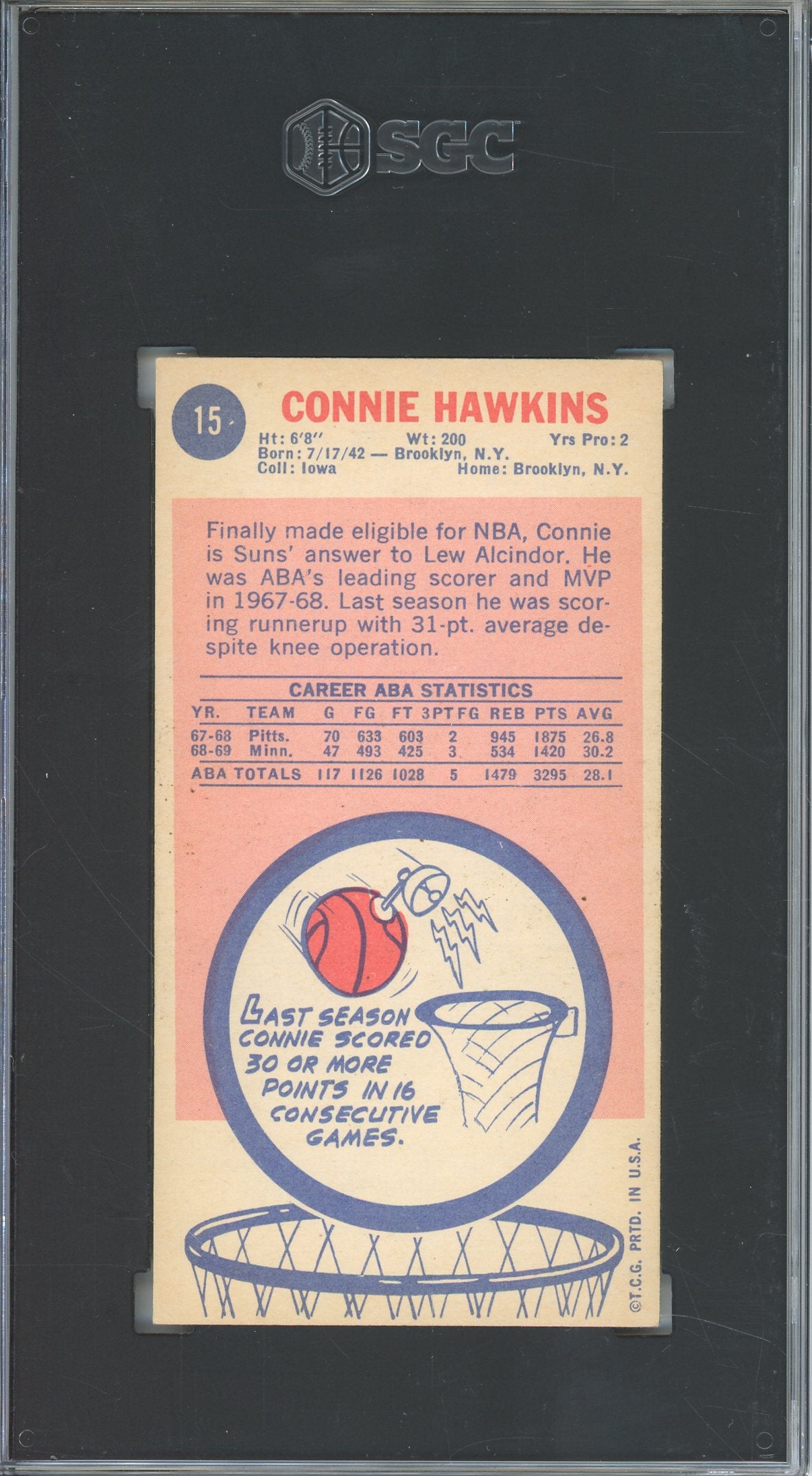 1969-70 TOPPS CONNIE HAWKINS #15 TALL BOY SUNS SGC 5