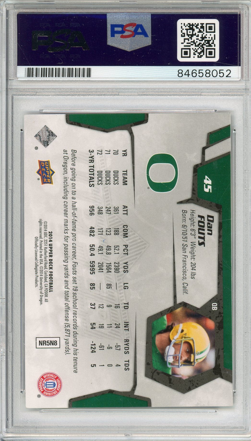 2014 UPPER DECK DAN FOUTS #45 HOF DUCKS 6-TIME PRO BOWL AUTOGRAPH PSA/DNA