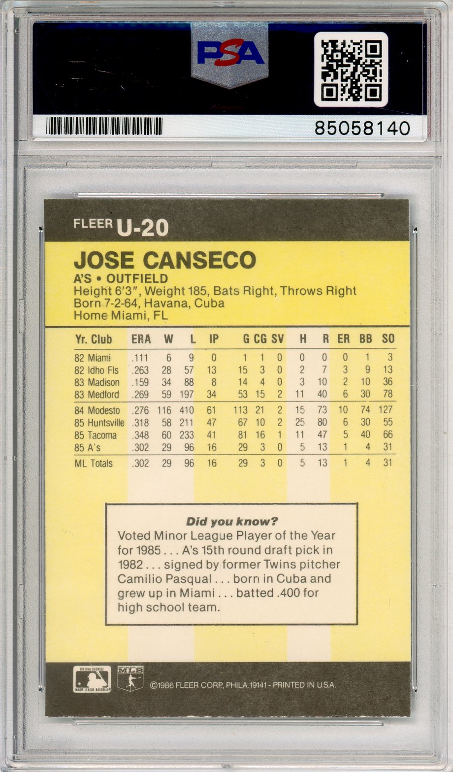 1986 FLEER BASEBALL JOSE CANSECO #U-20 ROOKIE CARD A'S HOF AUTO PSA/DNA