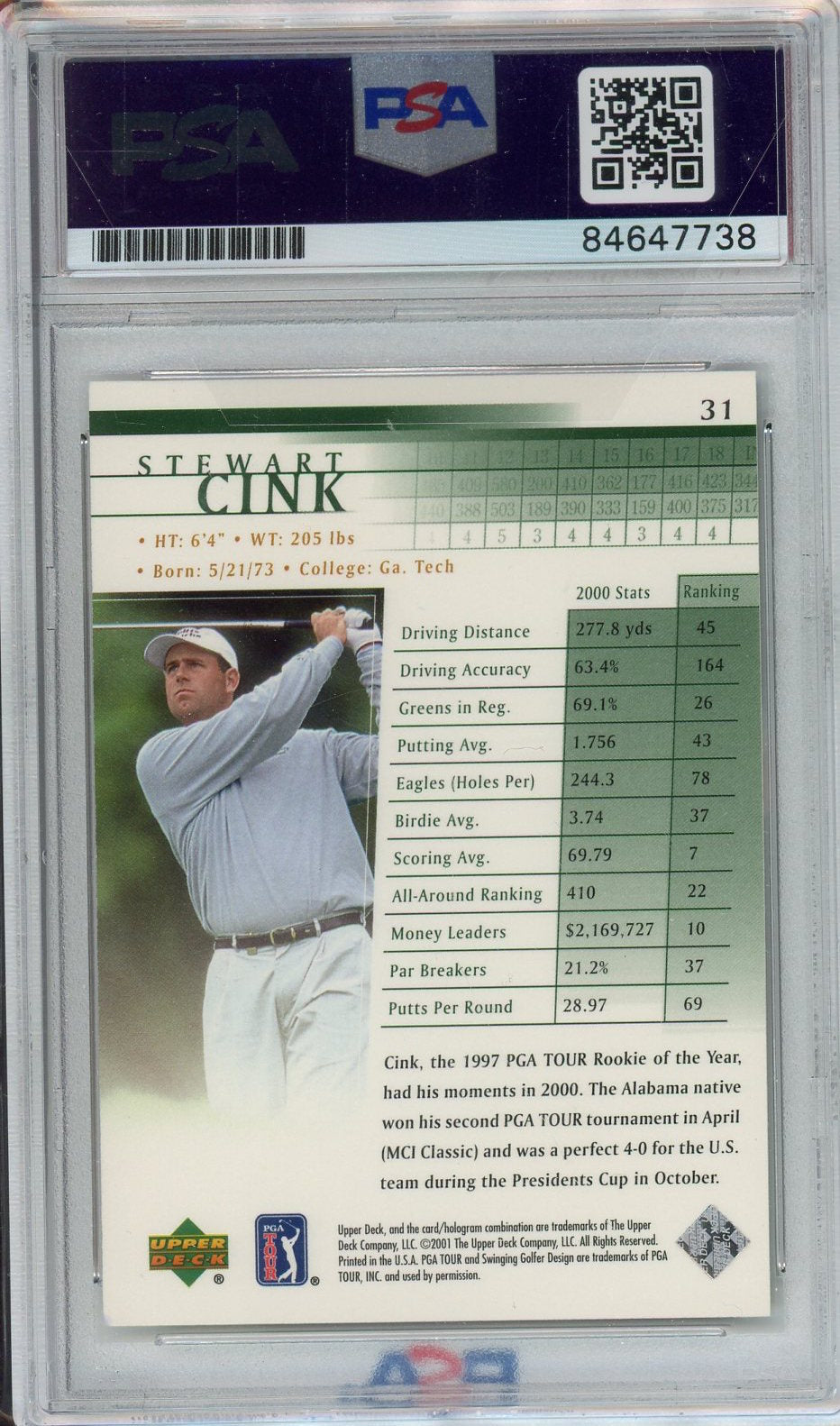 STEWART CINK SIGNED PSA/DNA CERTIFIED AUTHENTIC AUTOGRAPH CARD