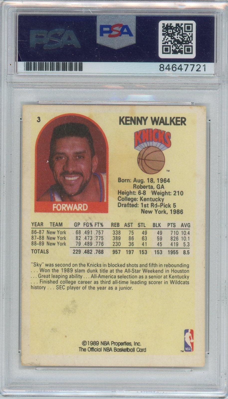 1989 NBA HOOPS KENNY WALKER PSA/DNA AUTO