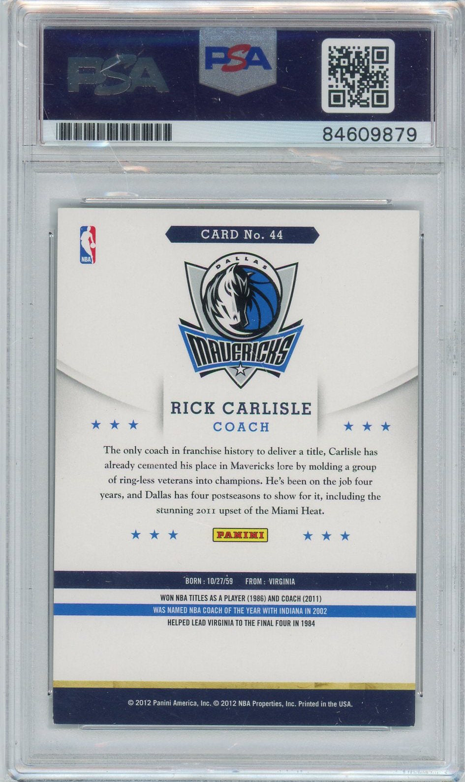 2012 PANINI NBA HOOPS RICK CARLISLE PSA/DNA AUTO