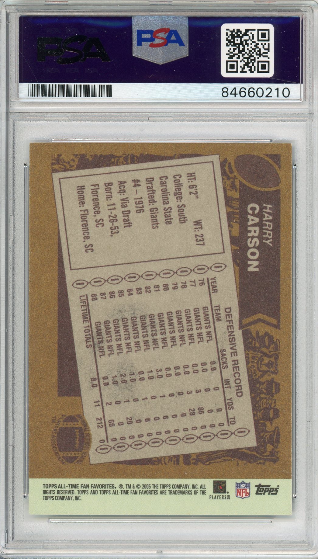 2005 TOPPS HARRY CARSON #33 HOF GIANTS 9-TIME PRO BOWLER AUTOGRAPH PSA/DNA (210)