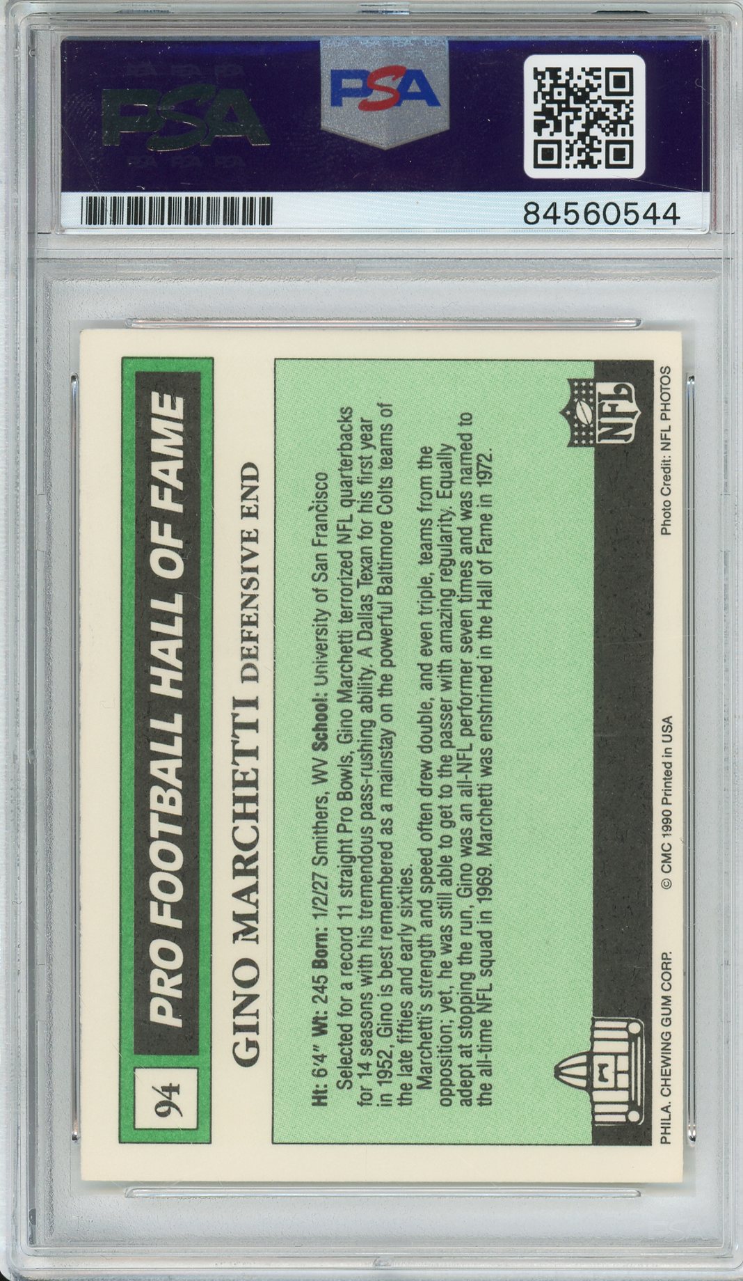 1990 SWELL FOOTBALL - GINO MARCHETTI #94 COLTS HOF AUTOGRAPH PSA/DNA AUTHENTIC AUTO