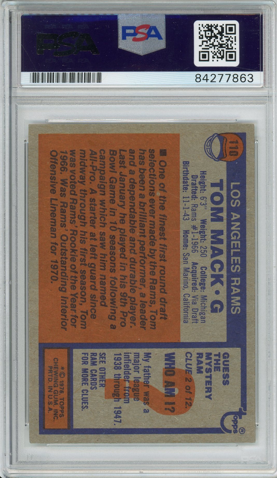 1976 TOPPS FOOTBALL - TOM MACK #110 AUTOGRAPH RAMS HOF PSA/DNA AUTHENTIC AUTO 'HOF 99 INSCRIPTION