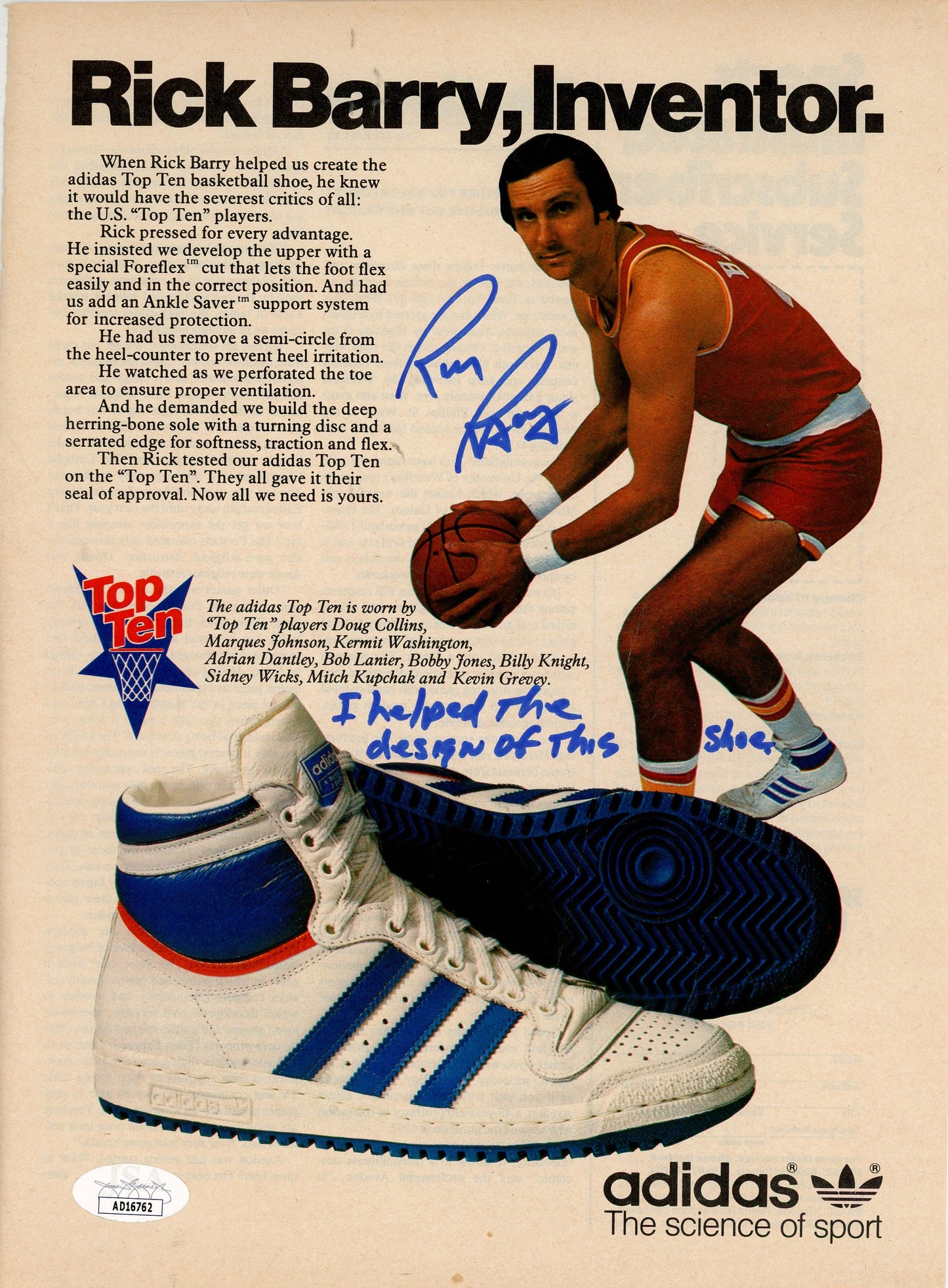 RICK BARRY AUTOGRAPHED ADIDAS MAGAZINE PAGE - (JSA)