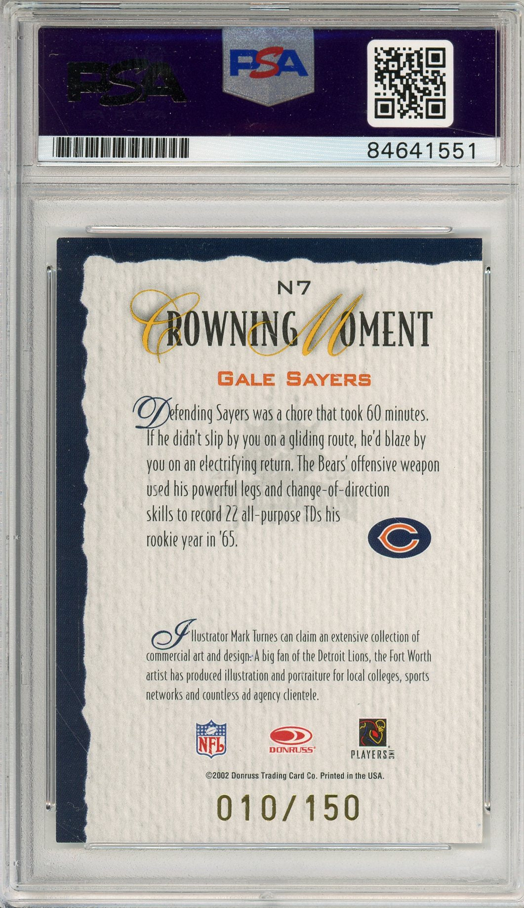 2002 DONRUSS GRIDIRON KINGS GALE SAYERS #N7 HOF AUTOGRAPH PSA/DNA AUTO GRADE GEM MT 10 GOILD FOIL /150