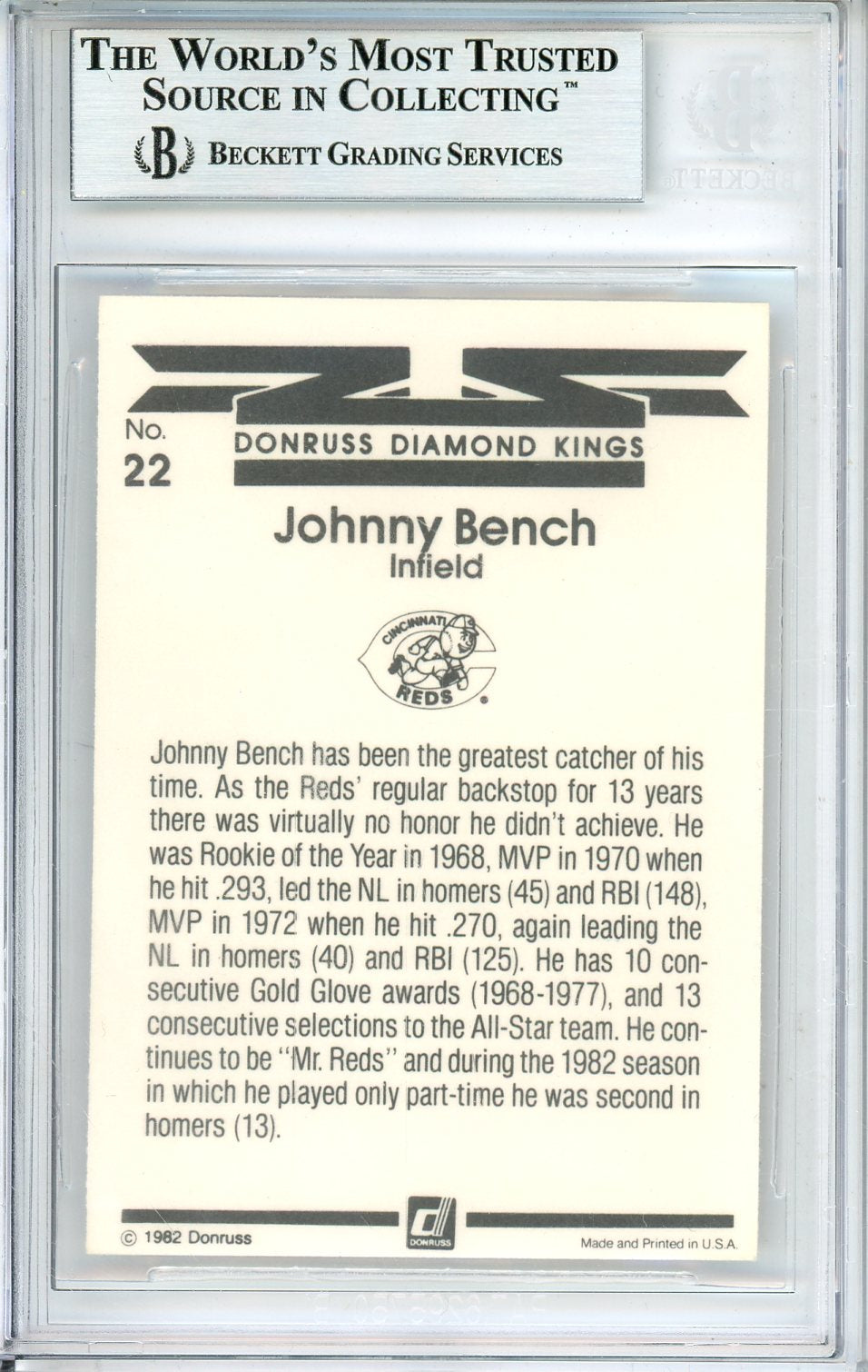 1983 DONRUSS BASEBALL JOHNNY BENCH DK #22 DIAMOND KINGS HOF AUTO BGS AUTHENTIC