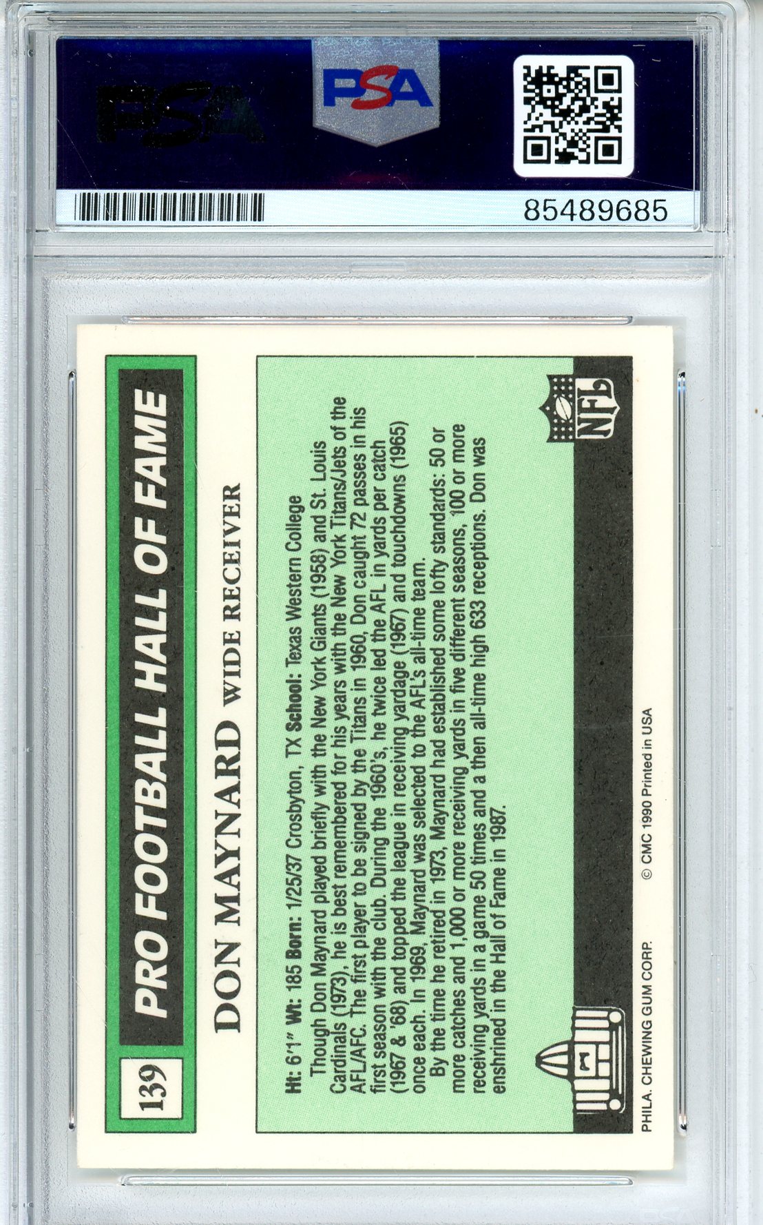 1990 SWELL FOOTBALL - DON MAYNARD #139 HALL OF FAME AUTOGRAPH PSA/DNA AUTHENTIC AUTO