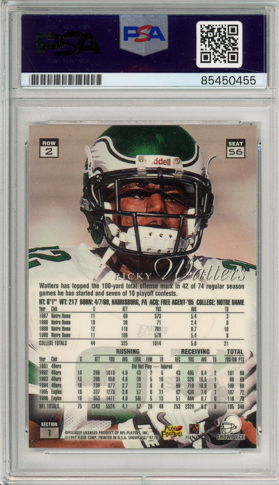 1997 FLAIR SHOWCASE RICKY WATTERS ROW 2 EAGLES AUTOGRAPH PSA/DNA