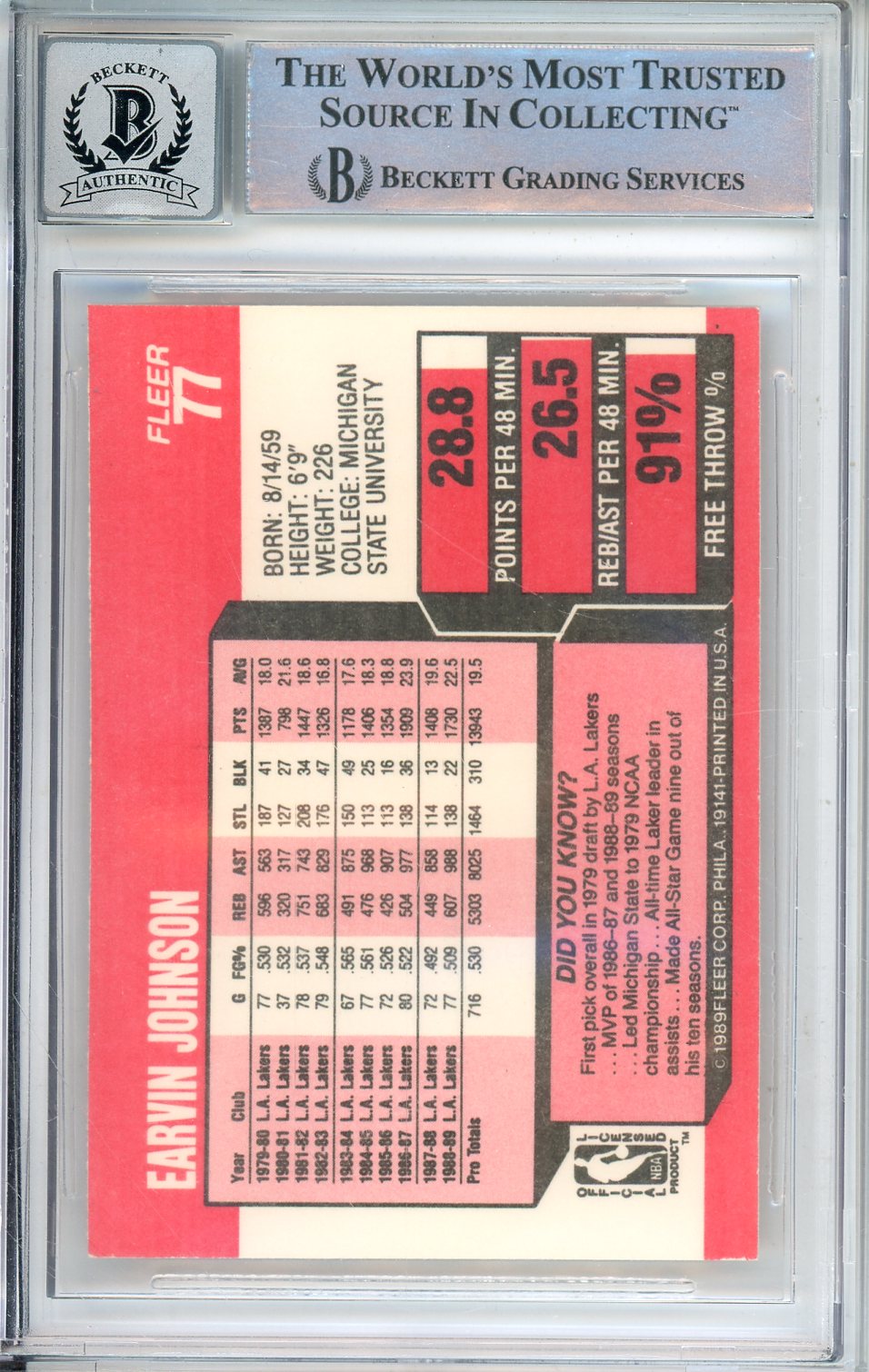 1989-90 FLEER BASKETBALL MAGIC JOHNSON #77 LAKERS HOF AUTO BECKETT 10 AUTOGRAPH