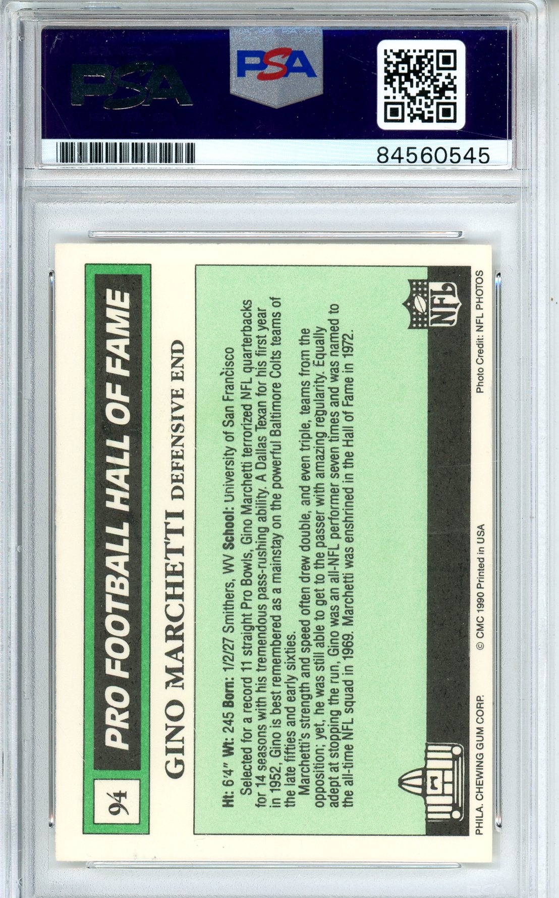 1990 SWELL FOOTBALL - GINO MARCHETTIE #94 COLTS HOF AUTOGRAPH PSA/DNA AUTHENTIC AUTO