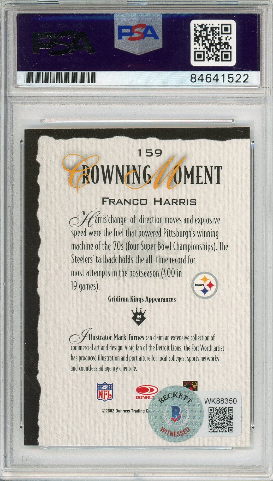 2002 DONRUSS FRANCO HARRIS #159 HOF STEELERS 4-TIME CHAMP AUTOGRAPH PSA/DNA
