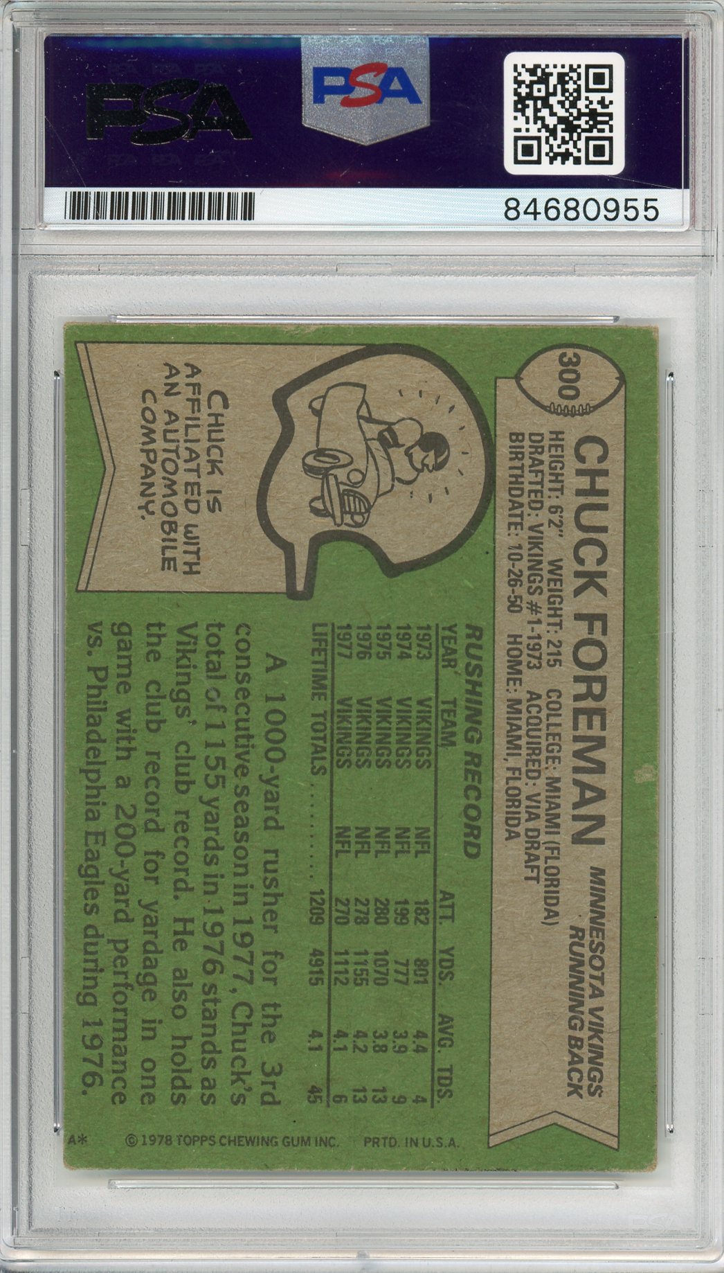 1978 TOPPS CHUCK FOREMAN #300 VIKINGS HOF 4-TIME ALL PRO AUTOGRAPH PSA/DNA