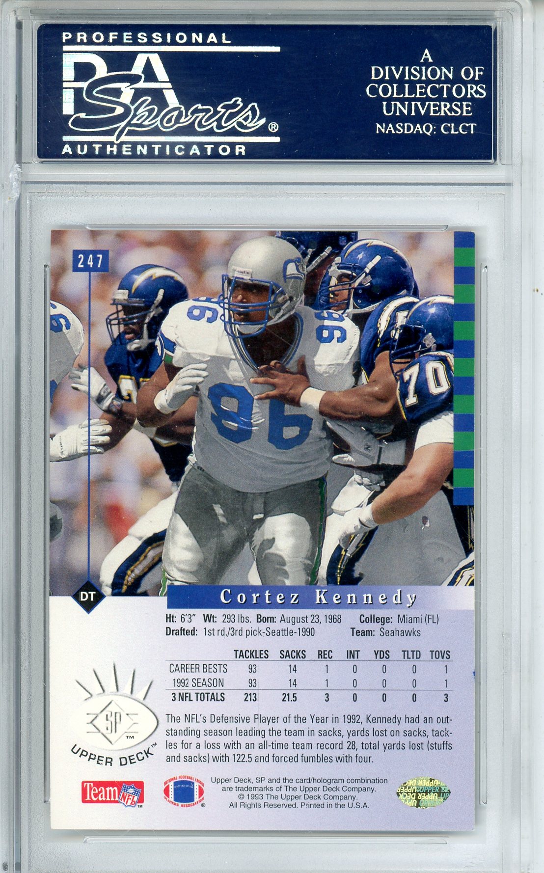 1993 SP UPPER DECK - CORTEZ KENNEDY #247 SEAHAWKS AUTOGRAPH PSA/DNA AUTHENTIC AUTO