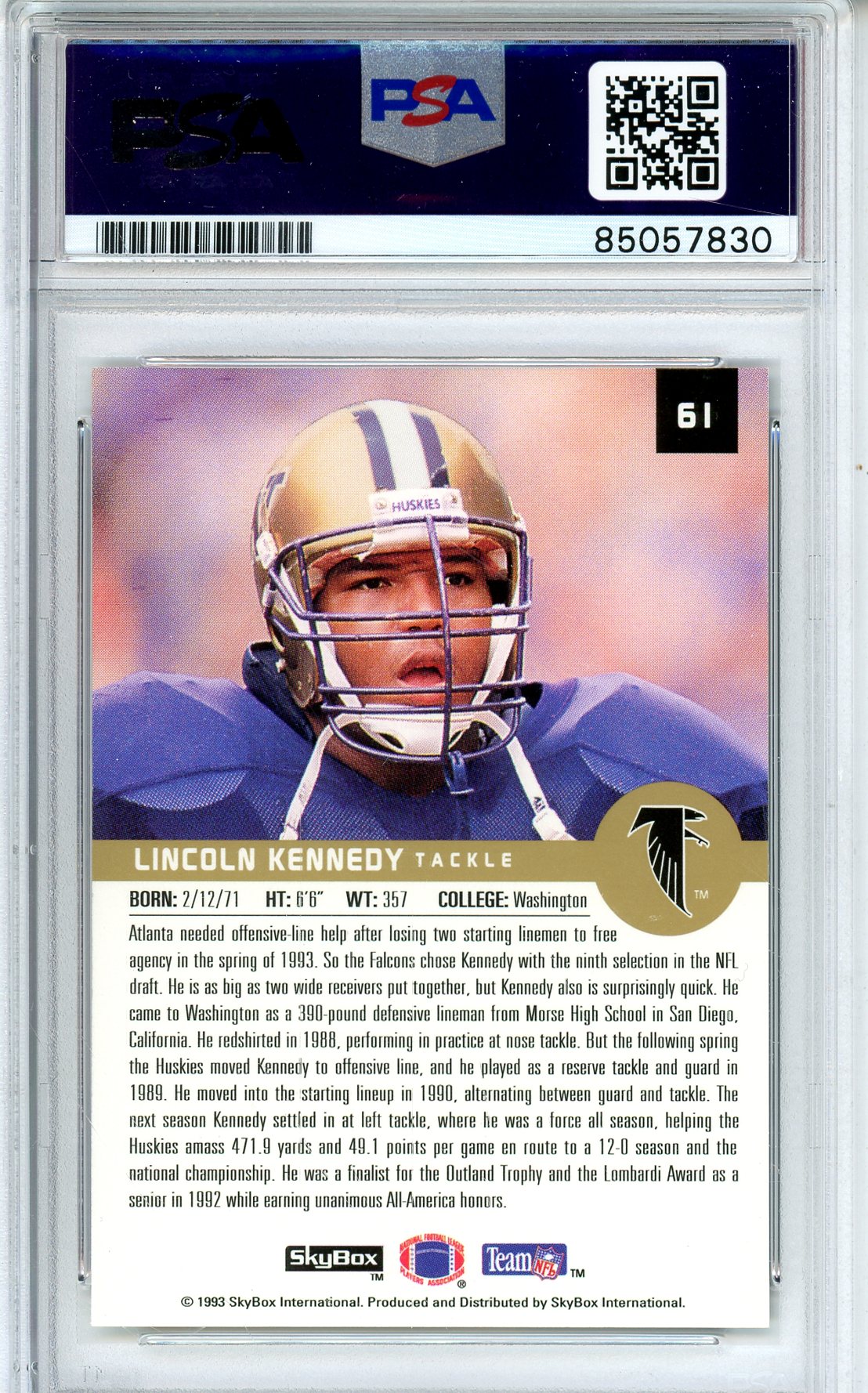 1993 SKYBOX FOOTBALL - LINCOLN KENNEDY #61 ROOKIE CARD AUTOGRAPH PSA/DNA AUTHENTIC AUTO